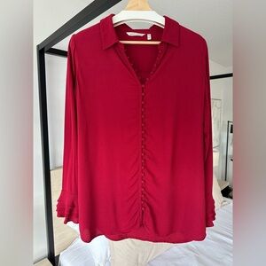 Soft Surroundings Sonnet Button Up Bell Sleeve Burgundy Tunic Blouse, Med